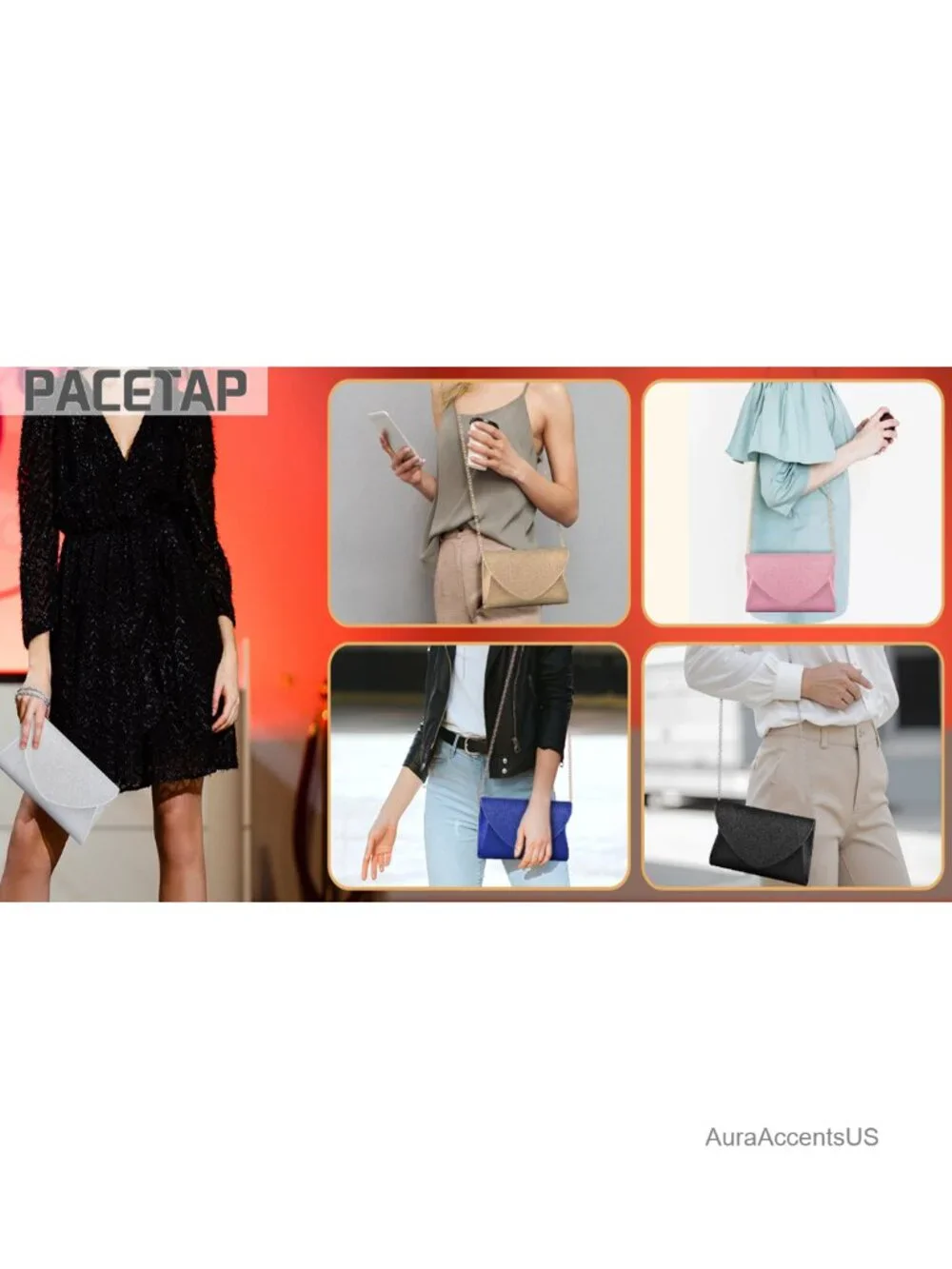Sequin Evening Clutch Purse with Detachable Strap Magnetic Closure